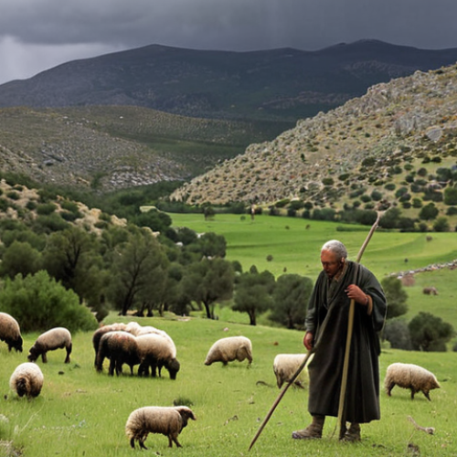 Home 15 **
A picturesque scene in the Sierra de Gredos mountains, Spain. A shepherd stands, looking concerned, amidst rolling green hills. In the background, a blurred image suggests erratic weather patterns, like a sudden rain shower or unusual dryness. Emphasize the contrast between the traditional pastoral lifestyle and the visible signs of climate change. The image should evoke a sense of urgency and the need for change. Style: Photorealistic, slightly desaturated colors.
**