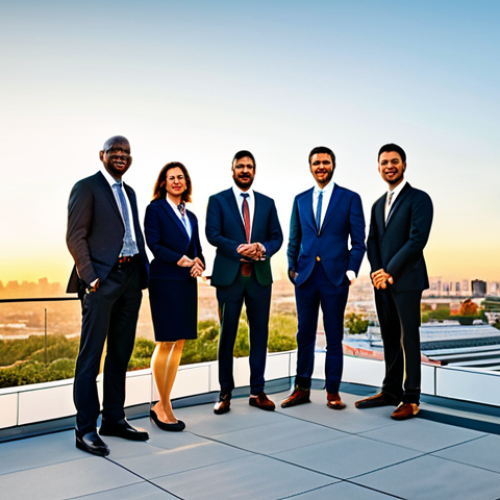 Home 14 A group of diverse professionals, fully clothed in modern business attire, standing on an observation deck overlooking a vibrant, sustainable city at sunrise. The city features green architecture, solar panel arrays on rooftops, clean energy infrastructure, and integrated green spaces. The sky is bright with warm sunrise colors. Professional photography, high-resolution, detailed, crisp focus, natural lighting, perfect anatomy, correct proportions, natural pose, well-formed hands, proper finger count, natural body proportions, safe for work, appropriate content, fully clothed, professional, family-friendly.