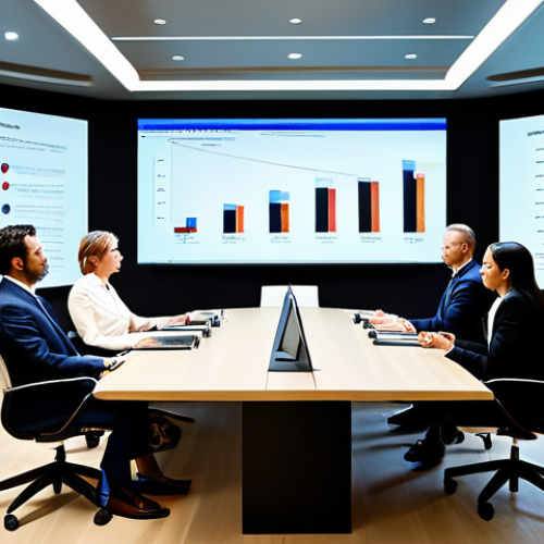 Home 7 A diverse group of professional business executives in modest business suits and appropriate attire, engaged in a strategic discussion around a modern conference table in a sleek boardroom. A large digital screen displays complex sustainability data and charts in the background. The scene emphasizes collaboration and adaptation to new regulations. Professional photography, high resolution, detailed, perfect anatomy, correct proportions, natural pose, well-formed hands, proper finger count, natural body proportions, fully clothed, safe for work, appropriate content, family-friendly.