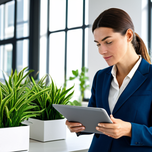 Home 11 ESG Investment - Sustainable Businesswoman**
"A professional businesswoman in a modern, eco-friendly office, analyzing ESG data on a tablet. The office features plants and sustainable materials. She is wearing a modest business suit. Bright, natural lighting. perfect anatomy, natural proportions, professional photography, high quality, safe for work, appropriate content, fully clothed, professional."
**