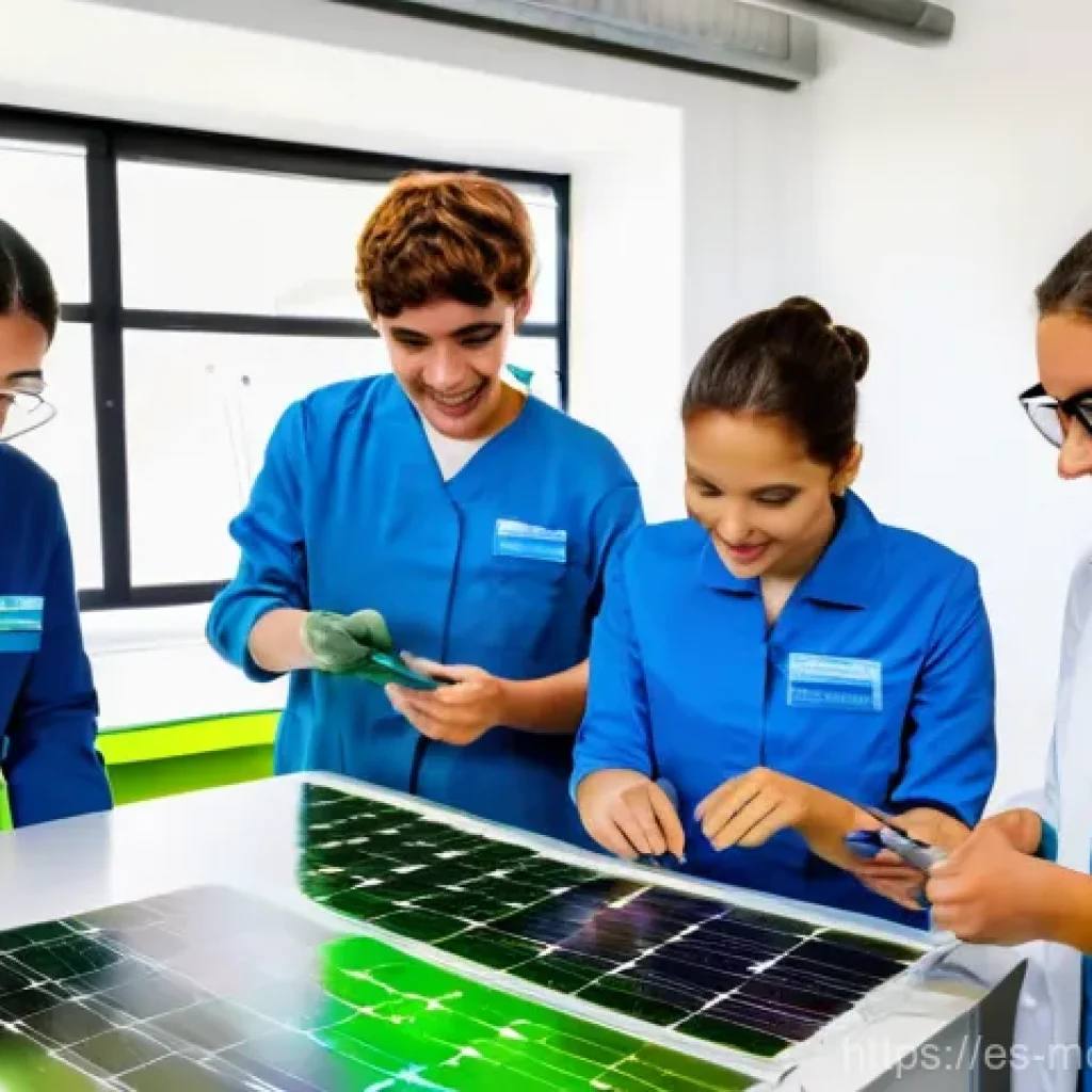 넷제로 경제 모델의 사회적 영향 - A vibrant and optimistic scene in a modern Spanish vocational training center. Diverse students, inc...