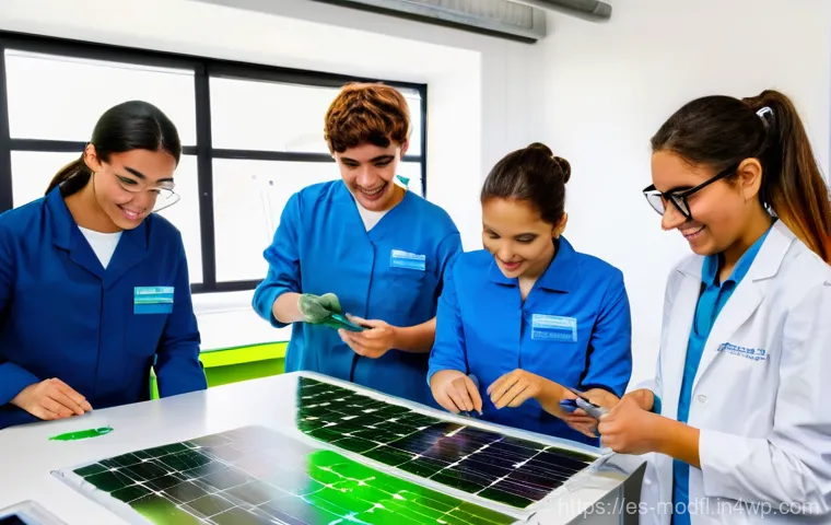 넷제로 경제 모델의 사회적 영향 - A vibrant and optimistic scene in a modern Spanish vocational training center. Diverse students, inc...