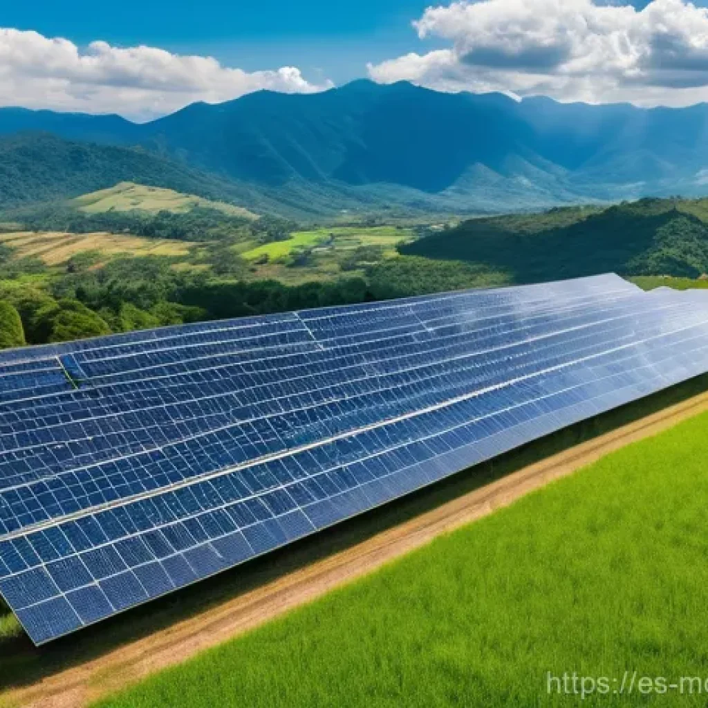 넷제로 전환을 위한 연구개발 투자 - **Sustainable Energy Panorama in Latin America:** A wide, breathtaking panoramic shot of a vast, sun...