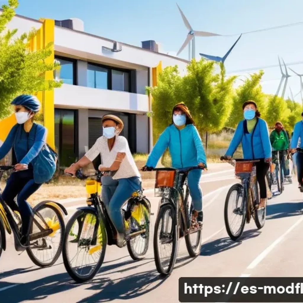 넷제로 전환의 사회적 요구 분석 - A vibrant urban community in Spain engaging in sustainable daily activities: diverse people riding b...