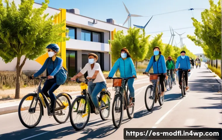 넷제로 전환의 사회적 요구 분석 - A vibrant urban community in Spain engaging in sustainable daily activities: diverse people riding b...