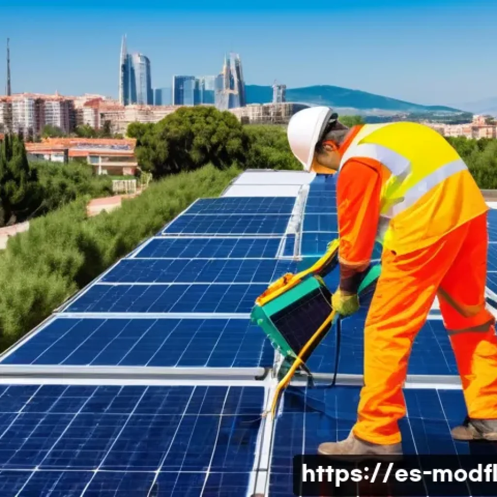 넷제로 경제 모델과 재생 에너지 통합 - A vibrant urban rooftop solar panel installation scene in Spain, showcasing diverse workers includin...