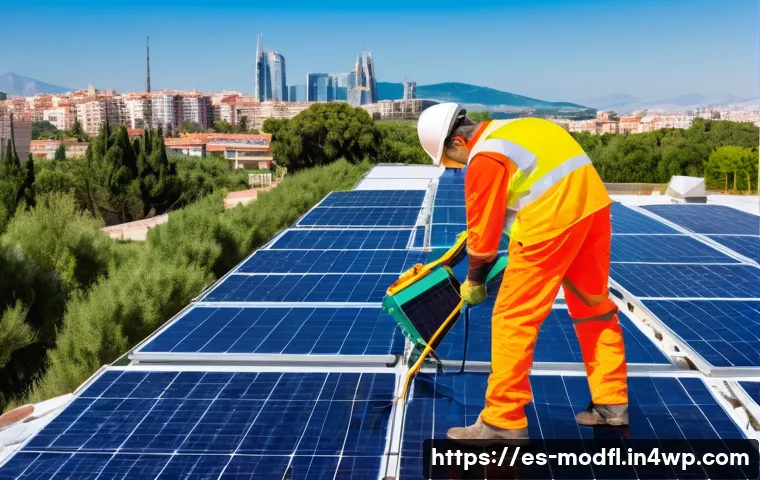 넷제로 경제 모델과 재생 에너지 통합 - A vibrant urban rooftop solar panel installation scene in Spain, showcasing diverse workers includin...