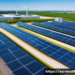넷제로 경제 모델과 전통 산업의 변화 - A modern industrial manufacturing facility featuring large solar panel arrays installed on the rooft...