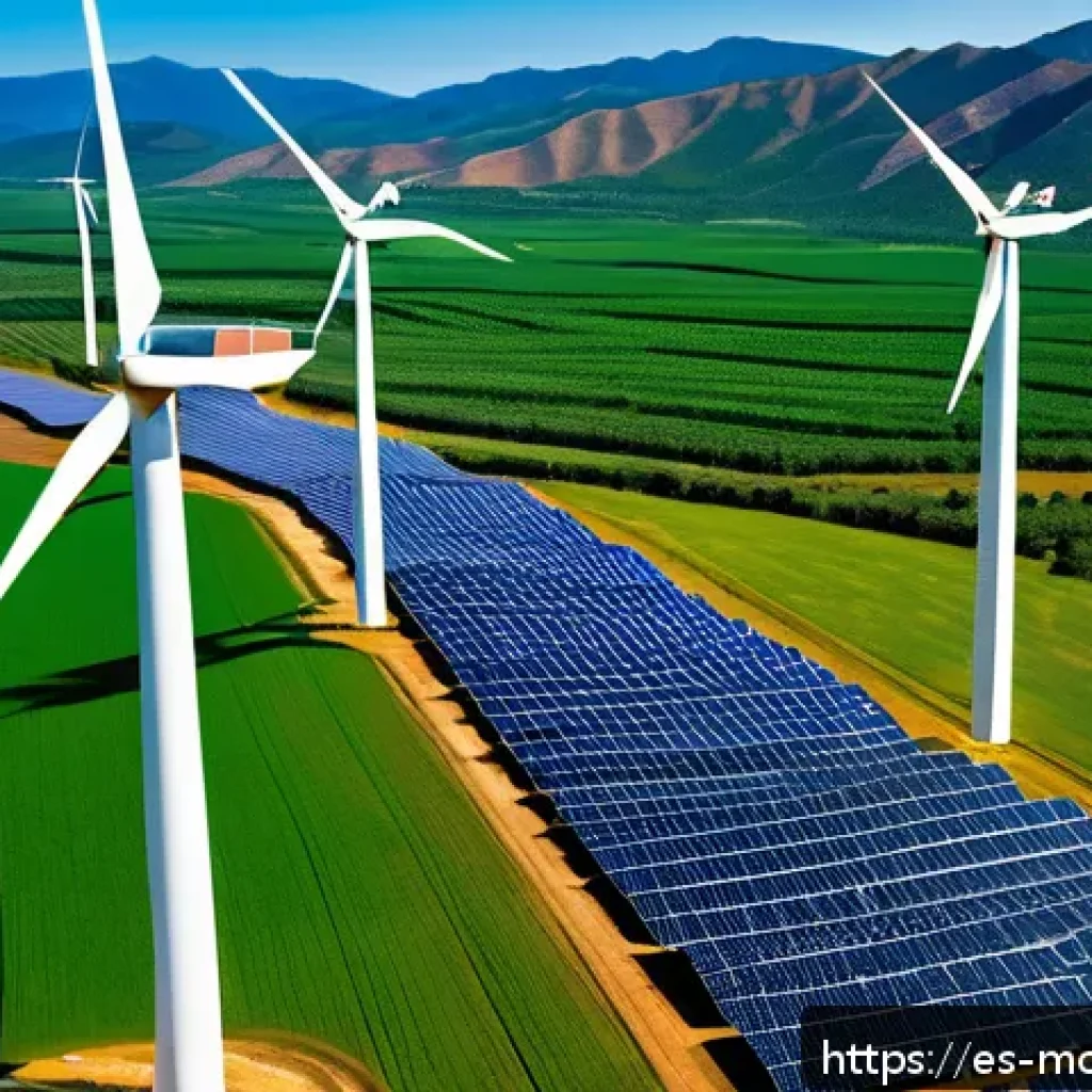 넷제로 전환을 위한 기술 혁신 - A vibrant solar and wind energy farm in Latin America featuring rows of large solar panels and tower...