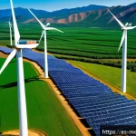 넷제로 전환을 위한 기술 혁신 - A vibrant solar and wind energy farm in Latin America featuring rows of large solar panels and tower...
