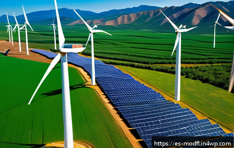 넷제로 전환을 위한 기술 혁신 - A vibrant solar and wind energy farm in Latin America featuring rows of large solar panels and tower...