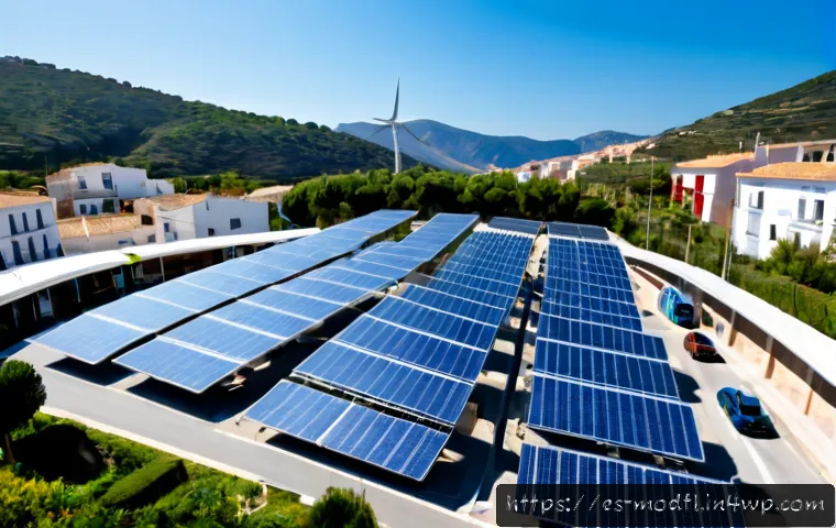 Home 17 넷제로 전환 경제 모델의 글로벌 사례 - Photorealistic wide-angle scene of a Spanish coastal town transitioning to a net-zero economy, solar...