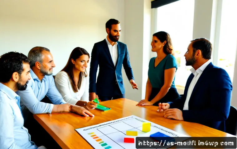 Home 17 넷제로 전환을 위한 로드맵 작성 - Photorealistic sustainability planning meeting in a modern Spanish office, diverse adult team gather...