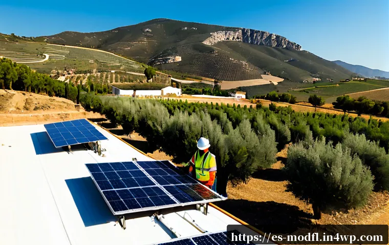 넷제로 전환을 위한 탄소 상쇄 방법 - Photorealistic wide-angle view of a community solar farm in rural southern Spain, neat rows of photo...
